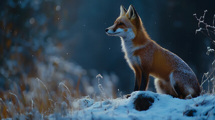 Obraz premium Red Fox Sitting on Snow in Winter Forest