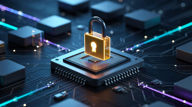 Golden padlock securing a central processing unit symbolizes data protection and digital security in a connected technological world with futuristic glowing networks.