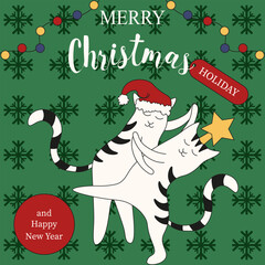 Merry Christmas poster cover with Whinsical dancing cats in santa hat. Funky Fun Happy New Year and Merry Christmas greeting brochure background. Perfect holiday vector illustration. EPS 10