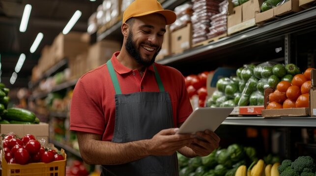 The image depicts a person standing in front of a grocery store shelf with various vegetables displayed behind them. 