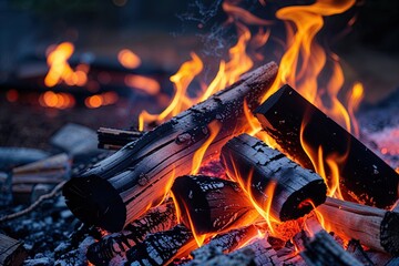 Vibrant Campfire Flames with Glowing Embers and Burning Wood on Orange Background