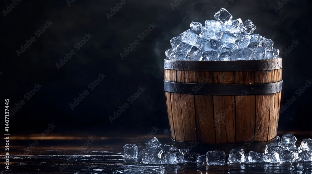 Poster ice cubes steaming in a wooden bucket on a dark background
