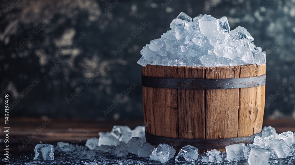 Poster Ice cubes overflowing from old wooden bucket on rustic table