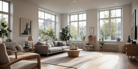 Fototapeta premium Living Room Sunlight Apartment Bright Interior with Sofa Plants and Large Windows