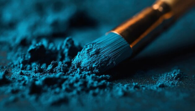 Brush with blue pigment on gray surface, artistic macro photography