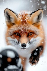 Obraz premium Fox portrait in winter snow, closeup view, wild animal facing camera lens