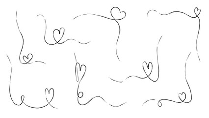Doodle heart line frame. Continuous stroke with love art border for wedding decoration. Abstract romantic thin motif for corner. Separate linear scribble element for boho card. String ornament design. © Mariia