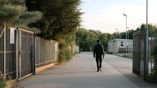 Nuclear site security officer patrolling at dawn