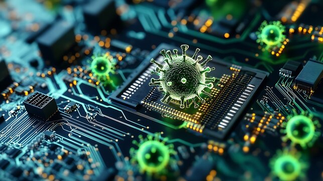 futuristic pcb motherboard background with virus detected warning firewall alert and antivirus protection illustrating cyber attack threat and network security danger