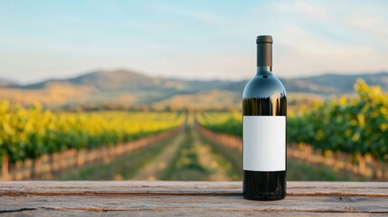 Organic Wine Bottle in Vineyard Landscape with Green Grapes Background