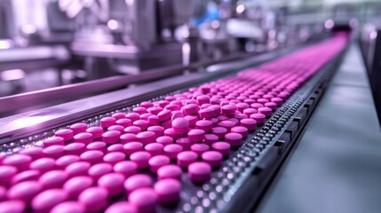 Obraz premium A high-definition macro shot of pink pills on a conveyor belt, illuminated by soft lighting as they pass through precision machinery in a modern pharmaceutical facility