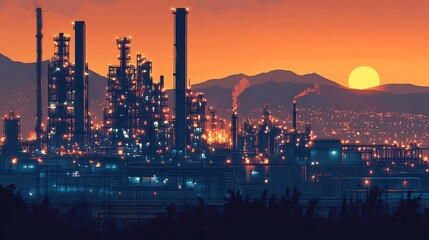 Naklejka premium night view of an illuminated industrial complex with strategic lighting showcasing factory infrastructure engineering systems and powerful manufacturing atmosphere