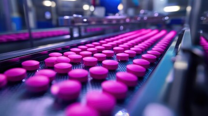 Fototapeta premium A high-definition macro shot of pink pills on a conveyor belt, illuminated by soft lighting as they pass through precision machinery in a modern pharmaceutical facility