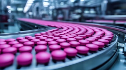 Obraz premium A macro shot of pink pharmaceutical pills moving along a sleek conveyor belt in a modern factory, with detailed focus on the pill surface and the industrial machinery around it