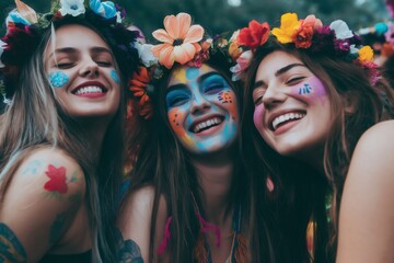 Obraz premium Three young women with colorful face paint and flower crowns are smiling and enjoying a music festival