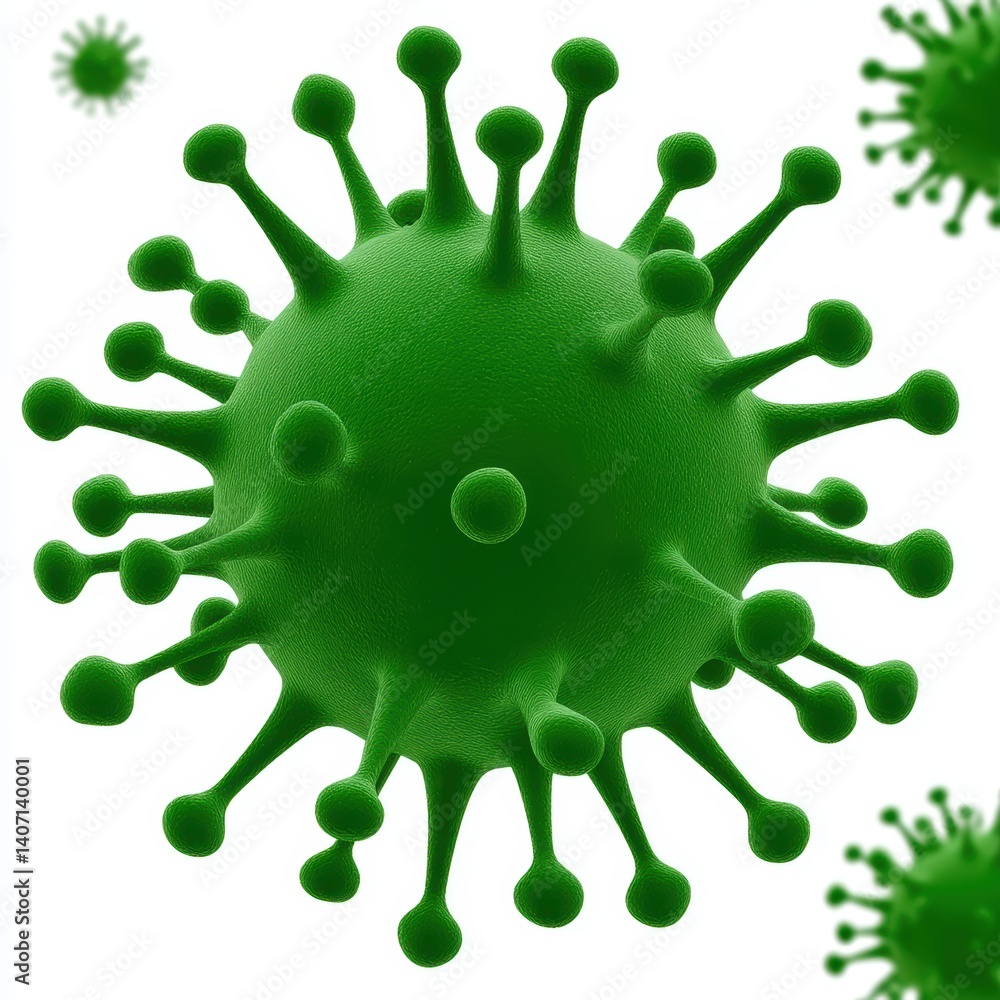 Poster a close-up rendering of a green virus, showcasing its spiky structure and spherical shape, emphasizi
