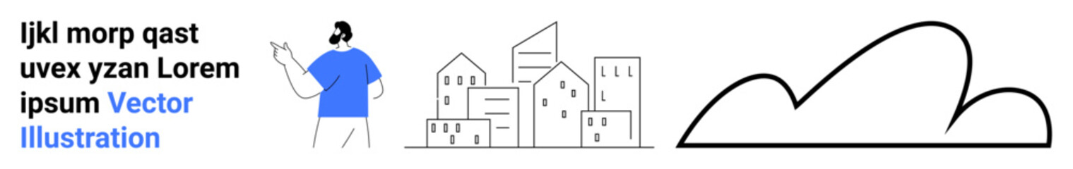 Person gesturing towards stylized cityscape with various buildings adjacent black cloud outline. Ideal for urban development, weather, architecture, education, environment, tech, simple landing page