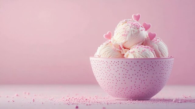 Delicious pink and white ice cream scoops in a bowl with heart decorations. A perfect treat for a sweet occasion. Empty space on the table for product presentation,