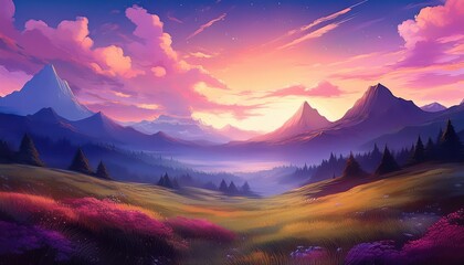 Tranquil Mountain Meadow Sunrise Captured in a Palette of Pink and Serene at Dawn, Embracing the Peaceful Aura of an Anime Nature Scene