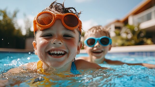 Children in swimming pool wearing goggles, smiling.