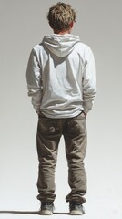 Fototapeta premium Figure standing. White hoodie, tan pants, looking forward on a blank background