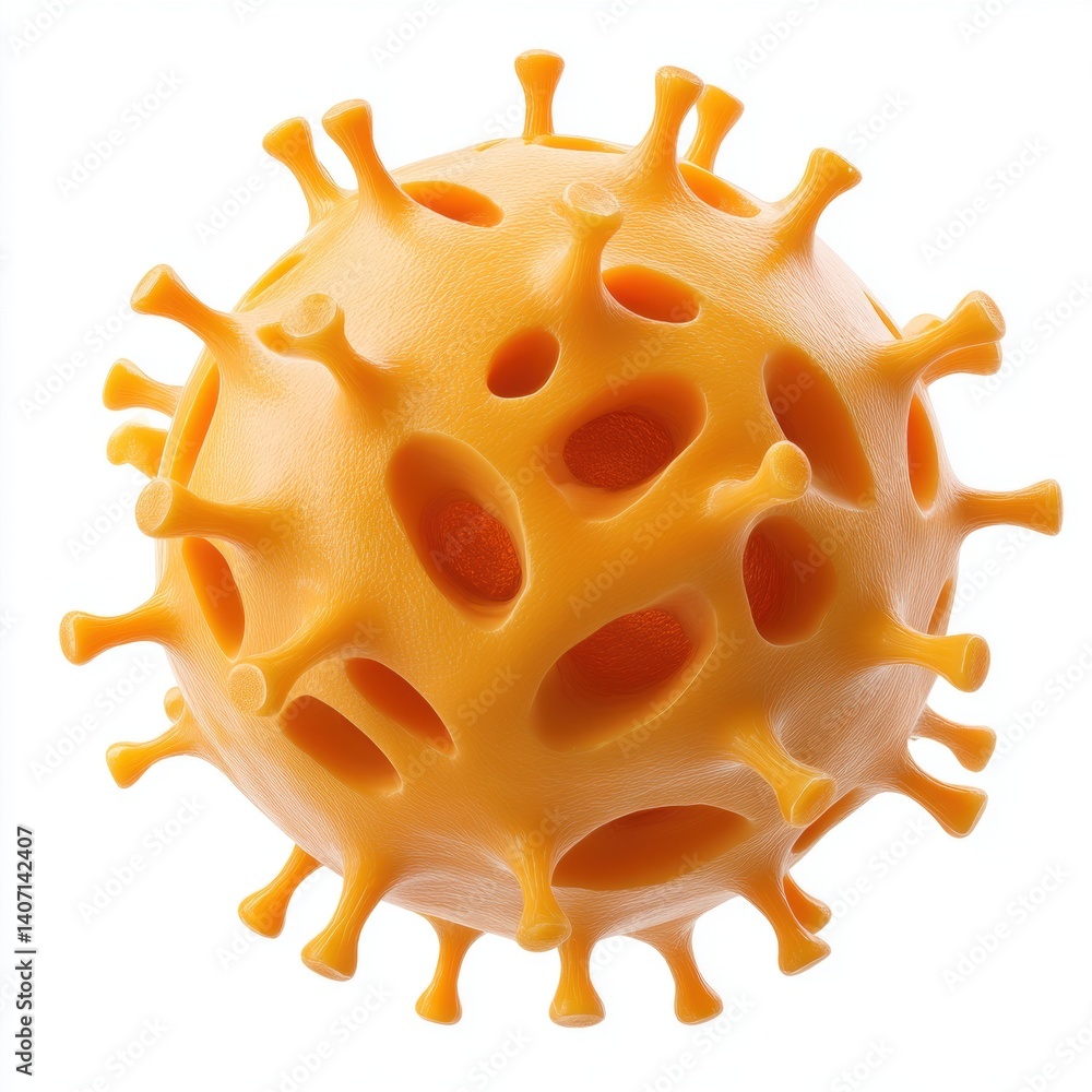 Poster an abstract representation of a virus, featuring a spherical shape with protruding spikes, colored i