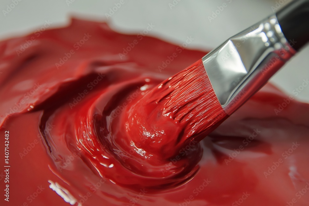 Poster paintbrush swirling red paint, creating a dynamic pattern and showcasing the paint's viscosity