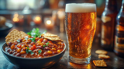 Beer and chili bowl pairing in cozy setting with warm lighting and festive atmosphere