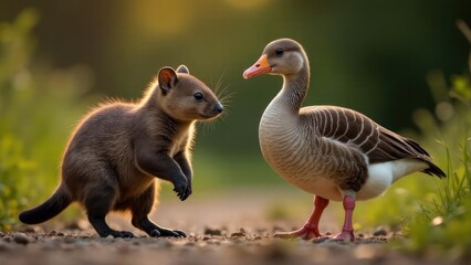 Obraz premium Curious Young Mammal Meets Goose on a Peaceful Forest Path