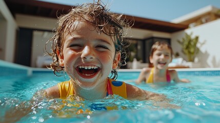 Little girl swimming in a pool, smiling broadly.