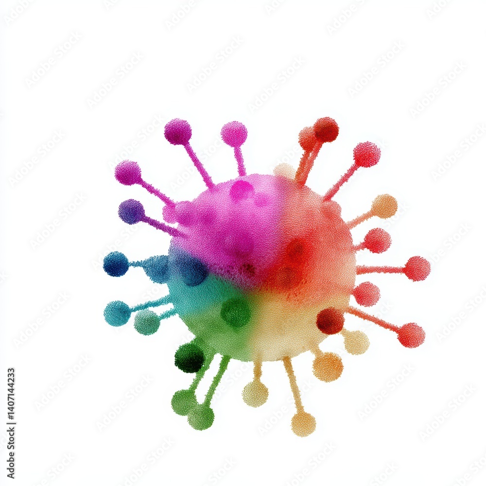 Poster a colorful, abstract representation of a virus, featuring a spherical shape with spikes, symbolizing