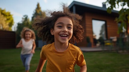 Obraz premium A young girl and a child are running in a yard during daylight.