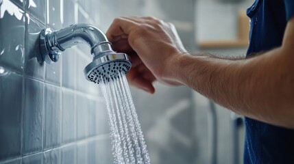 Plumber installing a showerhead in a bathroom. Featuring plumbing work and home renovation