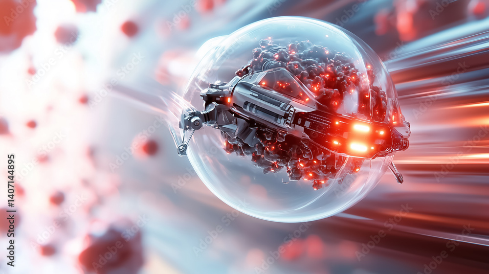 Aufkleber futuristic spaceship speeds through colorful cosmic space with glowing energy particles. intense mot