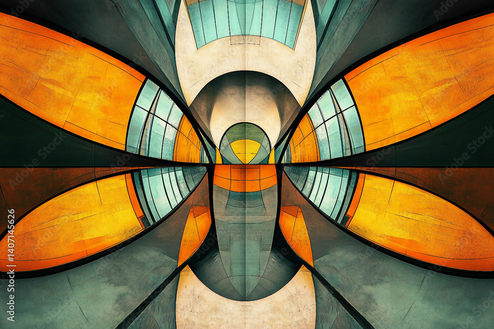 Poster this digital artwork features vibrant, overlapping geometric shapes creating a symmetrical pattern g