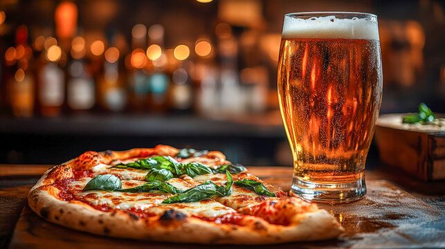 Enjoying a refreshing beer alongside a slice of Margherita pizza in a cozy pub setting - Powered by Adobe