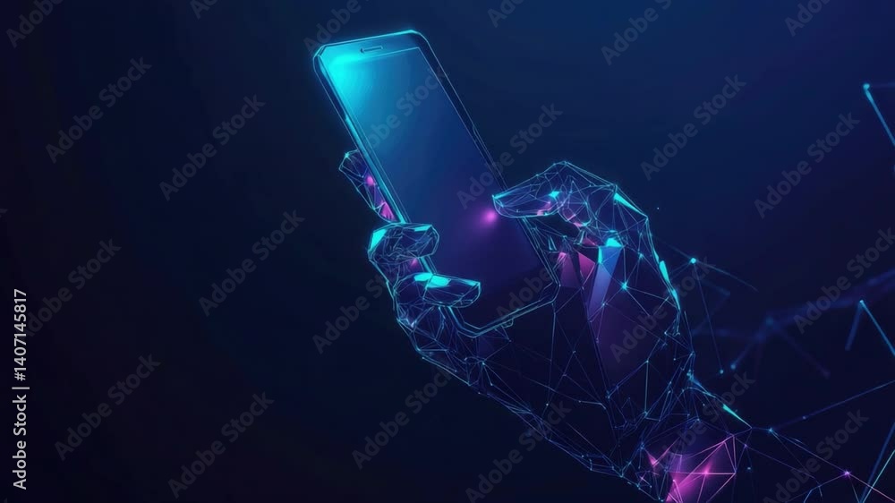 Wall mural digital connection concept with abstract hand holding smartphone in futuristic interface design