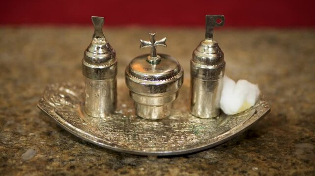 Silver Holy Oil Stocks with Engraved Crosses for Catholic Baptism Ceremony