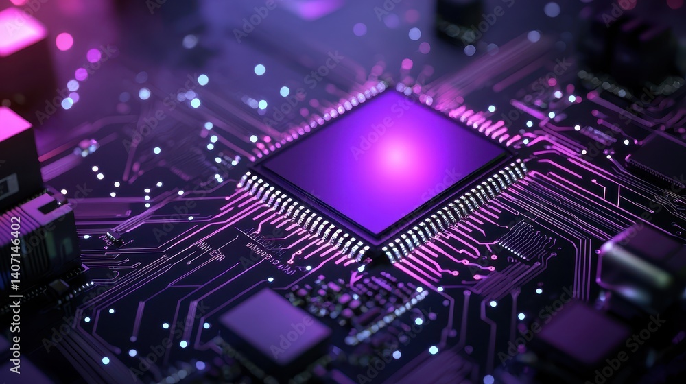 Aufkleber close-up view of a futuristic microchip on a circuit board with vibrant colors.