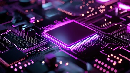 Obraz premium Close-up of a vibrant purple illuminated circuit board with intricate details.