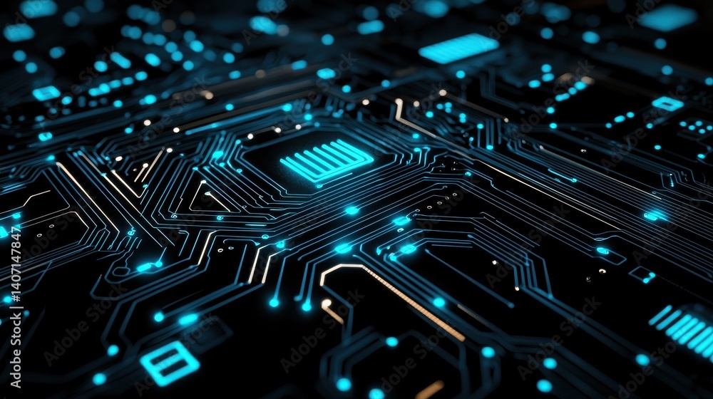 Poster close-up of a glowing blue circuit board with intricate patterns and connections.
