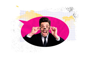 Creative image collage picture young businessman scream emotional reaction textbox phrase cite...