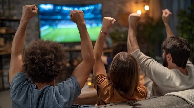 Friends cheering watching football match on tv at home