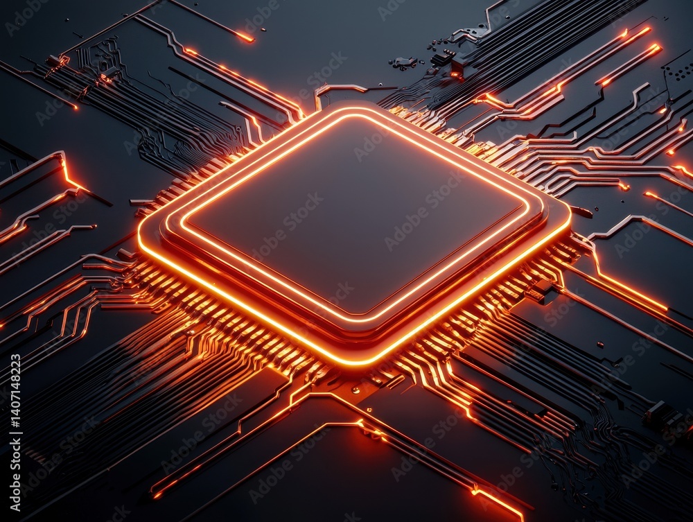 Poster Close-up of a glowing microchip with intricate circuit patterns in warm tones.