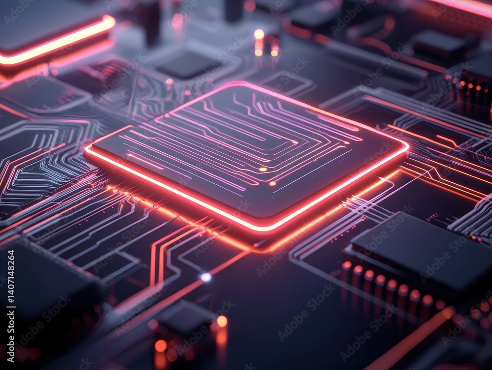 Poster close-up of a glowing microchip on a circuit board, showcasing intricate designs and colors.
