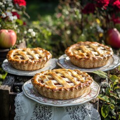 Three rustic apple pies displayed on vintage plates.
