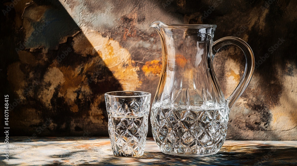 Poster crystal pitcher and glass of fresh water illuminated by sunlight on rustic table