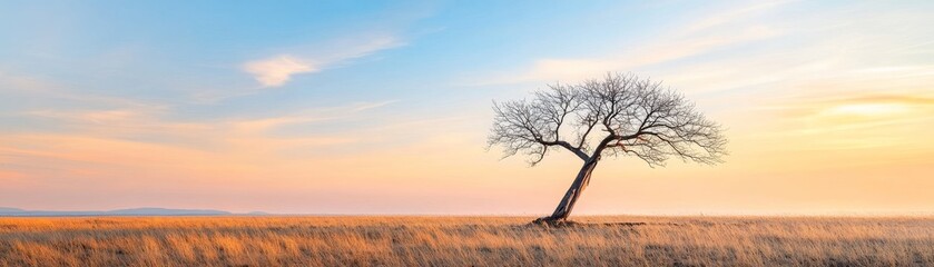Naklejka premium Dying tree in a polluted meadow, symbol of ecosystem imbalance