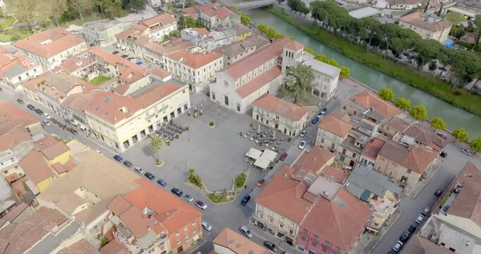 Aerial view of the church of Santa Restituta, a religious building in Sora. It is a town in Lazio, Italy, in the province of Frosinone.