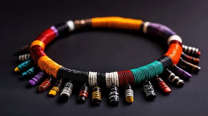 Traditional tribal necklace with hand-sewn beads, vivid colors, and geometric patterns